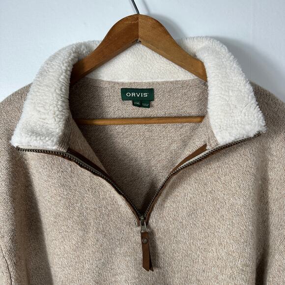 Orvis Lambswool 1/4 Zip Sweater XXL Beige Sherpa Collar Suede Trim F21 Outdoor - Picture 7 of 11